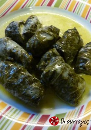 A picture of Dolmadakia with ground meat in egg and lemon sauce.