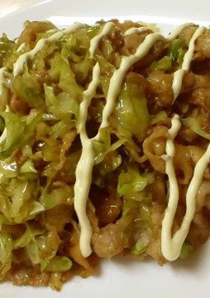 A picture of Stir-Fried Pork Belly and Cabbage with Okonomiyaki Sauce.