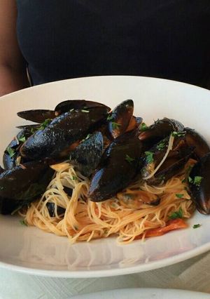 A picture of White wine seafood pasta.