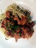 Chicken liver and bacon pasta.