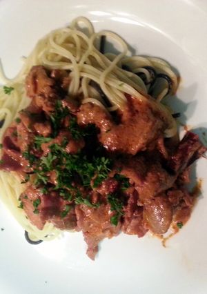 A picture of Chicken liver and bacon pasta..