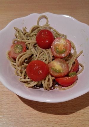A picture of easy whole grain pasta pesto.