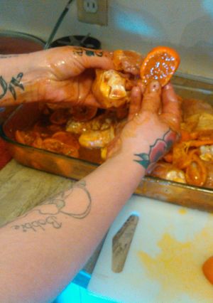 A picture of Baja stuffed/marinaded chicken legs.
