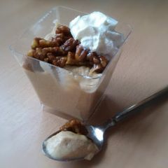 A picture of Vickys Pumpkin Pudding with optional Candied Pecans, GF DF EF SF.