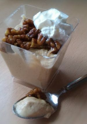 A picture of Vickys Pumpkin Pudding with optional Candied Pecans, GF DF EF SF.