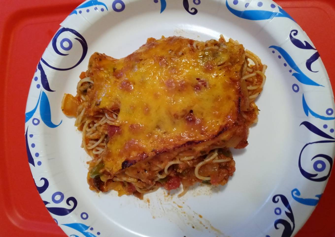 Easy busy weeknight meatless baked spaghetti