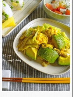 A picture of Fried Eggs with Avocado and Cabbage.