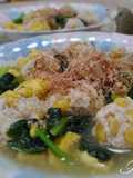 Corn Chicken Meatballs and Komatsuna and Egg Dashi Sauce