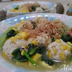 A picture of Corn Chicken Meatballs and Komatsuna and Egg Dashi Sauce.