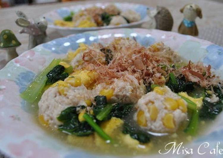 Steps to Make Appetizing Corn Chicken Meatballs and Komatsuna and Egg Dashi Sauce