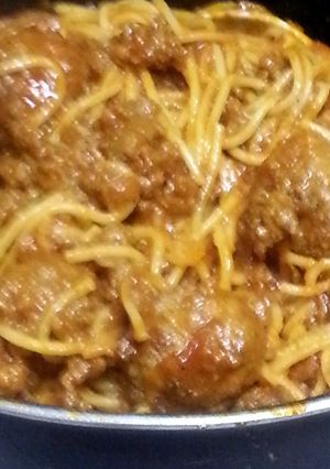 A picture of Bbq meatball spaghetti.