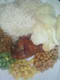 White Rice and Abykahuna Sauce with peppered saulted baked beans,sweet corn and green peas with driz