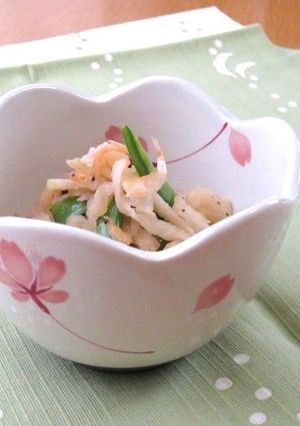 A picture of Stir Fried Kiriboshi Daikon with Snow Peas and Sakura Shrimp.