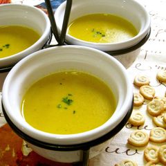 A picture of Soy Milk Soup with Kabocha Squash and Corn.