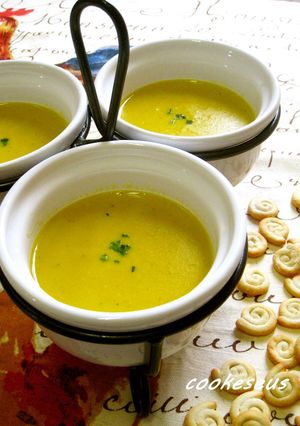 A picture of Soy Milk Soup with Kabocha Squash and Corn.