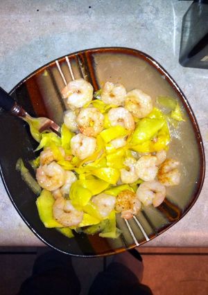 A picture of Yellow squash Noodles (Non-Pasta) & Garlic Shrimp.