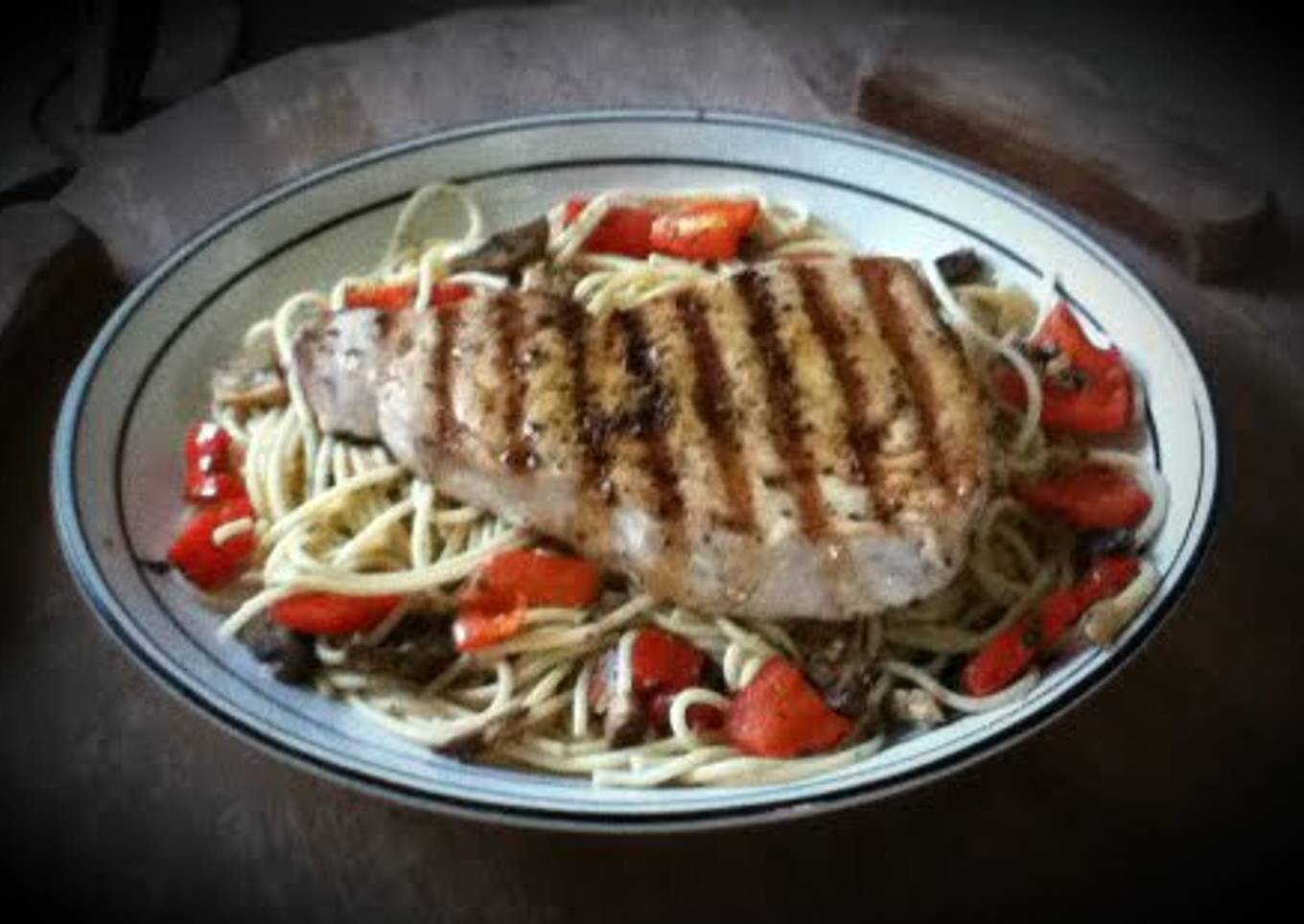 Blue Marlin over Mushroom and Pepper Pasta