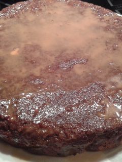 A picture of Pineapple brownie with caramel syrup.