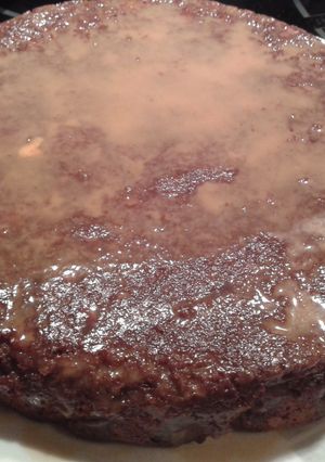 A picture of Pineapple brownie with caramel syrup.