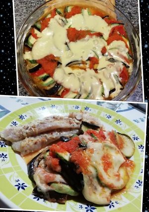 Una foto de Ratatouille (técnica mixta) con filet de pescado especiado