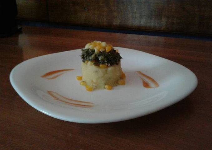 Mashed Potatoes Topped with Sautee Spinach(Sweet corns)