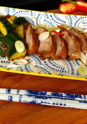 A picture of Duckstrami with Smashed Cucumbers.