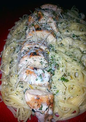 A picture of Sweet Tea Grilled Chicken withBourbon pesto Fettuccine Alfredo".