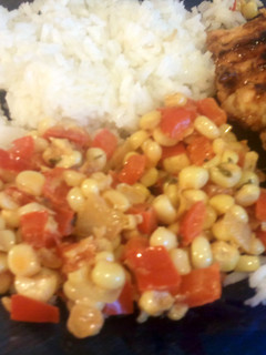 A picture of corn and pepper dish.
