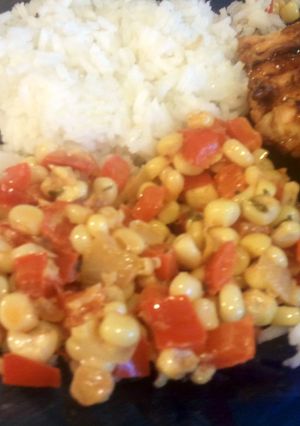 A picture of corn and pepper dish.