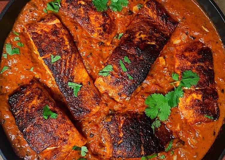 Blackened Cajun Salmon in Creamy Fire Roasted Tomato Coconut Sauce