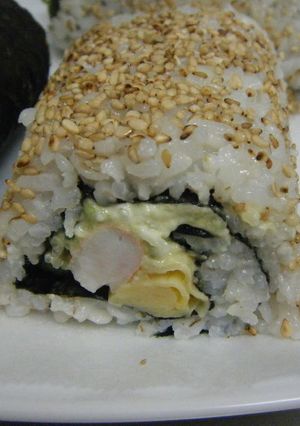 A picture of Futomaki or Ehomaki California Rolls.