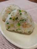 Onigiri (Rice Balls) with Shirasu and Green Onions Stir-Fried in Sesame Oil