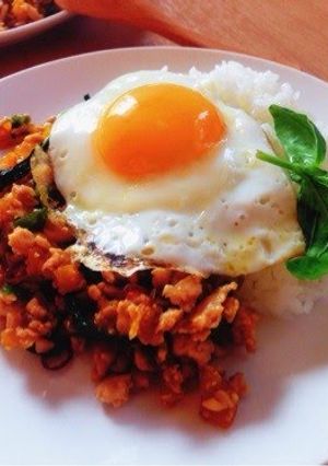A picture of Pad Ga-prao (Spicy Minced Chicken on Rice with Fried Egg).