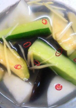 A picture of Eggplant and Cucumber Mul (Water) Kimchi.