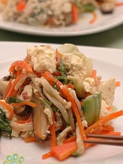 A picture of Bok Choy and Shiitake Mushroom with Mashed Tofu.