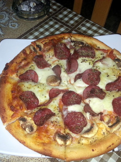 A picture of home made pizza from scratch.