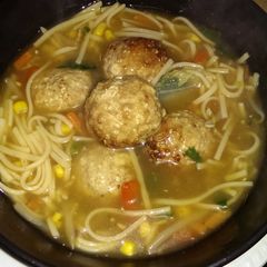 A picture of Sophie's oriental noodle soup with turkey meatballs.