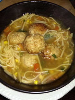 A picture of Sophie's oriental noodle soup with turkey meatballs.