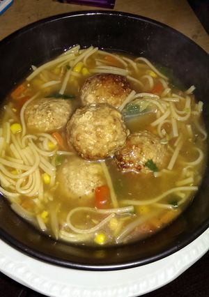 A picture of Sophie's oriental noodle soup with turkey meatballs.