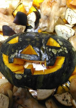 A picture of Halloween Pumpkin and Buffalo Wings.