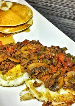 A picture of Fried Eggs With Veggie Chorizo.