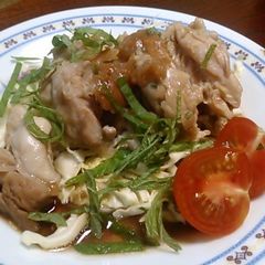 A picture of Easy in the Microwave! Sake Steamed Chicken with Umeboshi and Shiso Leaves.