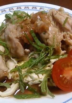 A picture of Easy in the Microwave! Sake Steamed Chicken with Umeboshi and Shiso Leaves.