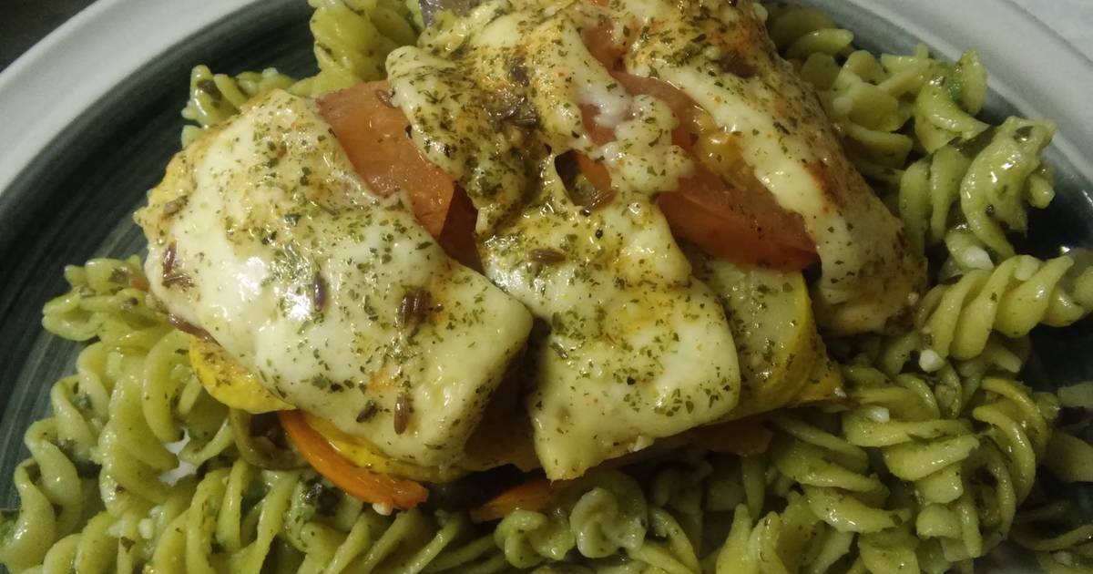 Pista Pesto Pasta with baked Veg & Halloumi Recipe by Navitha - Cookpad