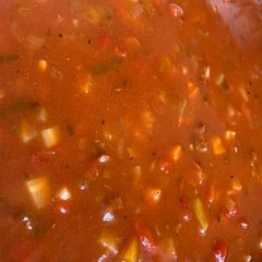 A picture of Chorizo, tomato and roasted pepper soup.