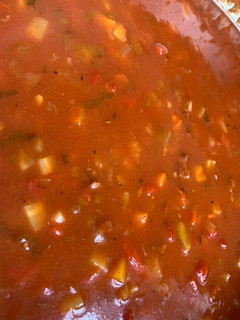 A picture of Chorizo, tomato and roasted pepper soup.