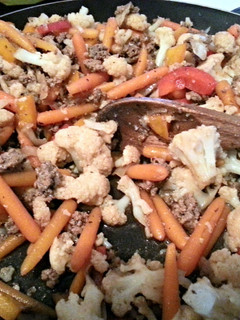 A picture of low calorie soy sauce cauliflower and ground beef stir fry.