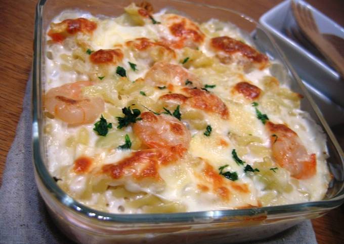 Steps to Prepare Homemade Creamy Shrimp au Gratin Made In One Frying Pan