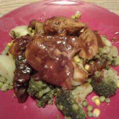 Chicken and Mushroom on a bed of Sweet Veg A picture of Chicken and Mushroom on a bed of Sweet Veg.