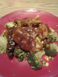 A picture of Chicken and Mushroom on a bed of Sweet Veg.